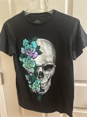 DOM Flower Skull & Floral Graphic Tee - Blue Green Purple Flowers - S